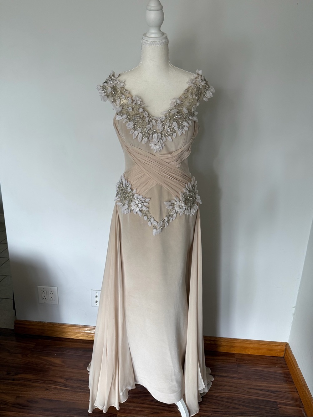 Elegant Beige Embroidered Evening Gown